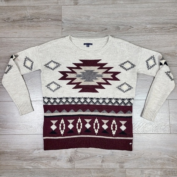 American Eagle Outfitters Aztec Print Wool Blend Crewneck Sweater Medium - Picture 9 of 13